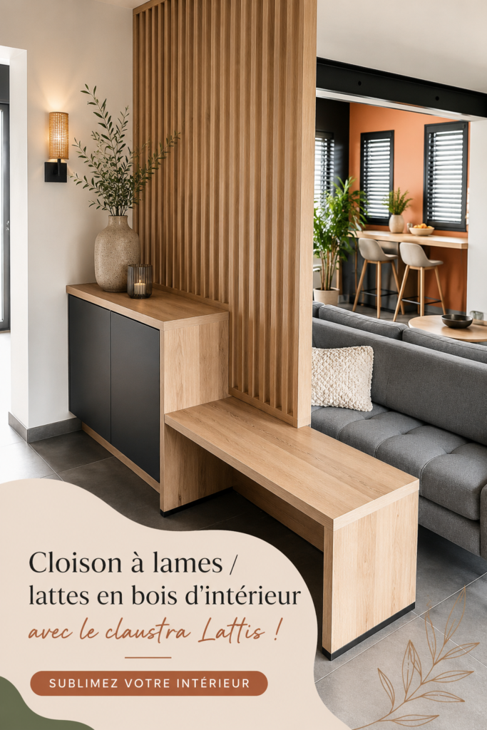 Cloison à lames en bois Lattis dans un intérieur chaleureux et moderne.