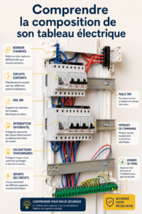 Vue détaillée d'un tableau électrique avec ses composants