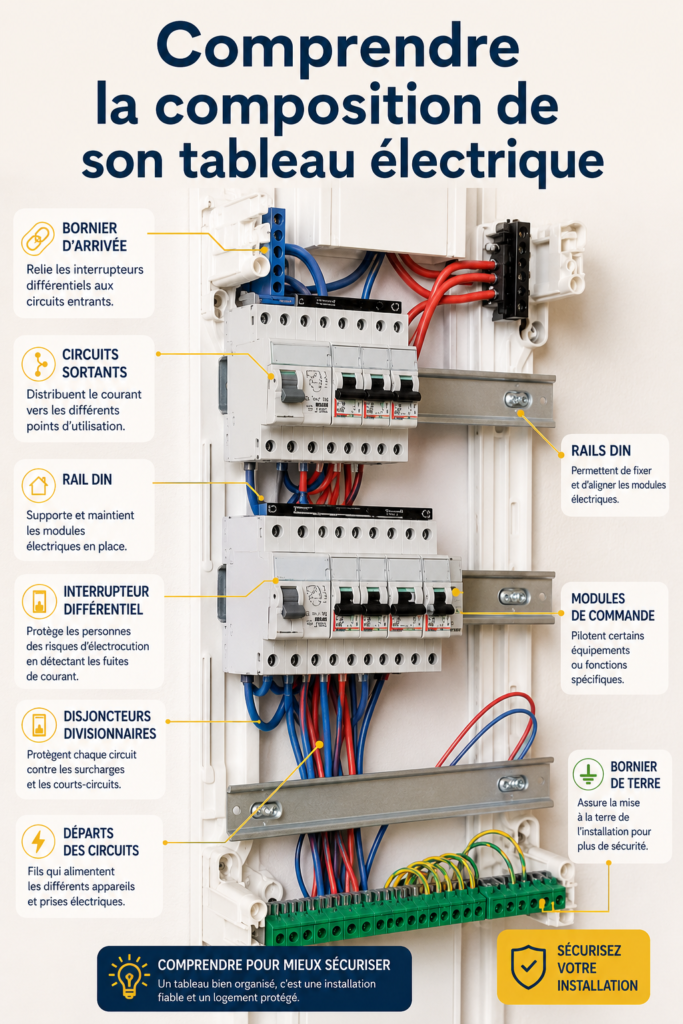 Vue détaillée d'un tableau électrique avec ses composants