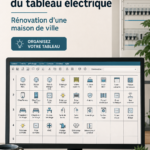 Étiquettes colorées sur un tableau électrique rénové, représentant une maison organisée et sécurisée.