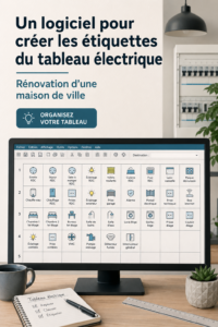 Étiquettes colorées sur un tableau électrique rénové, représentant une maison organisée et sécurisée.
