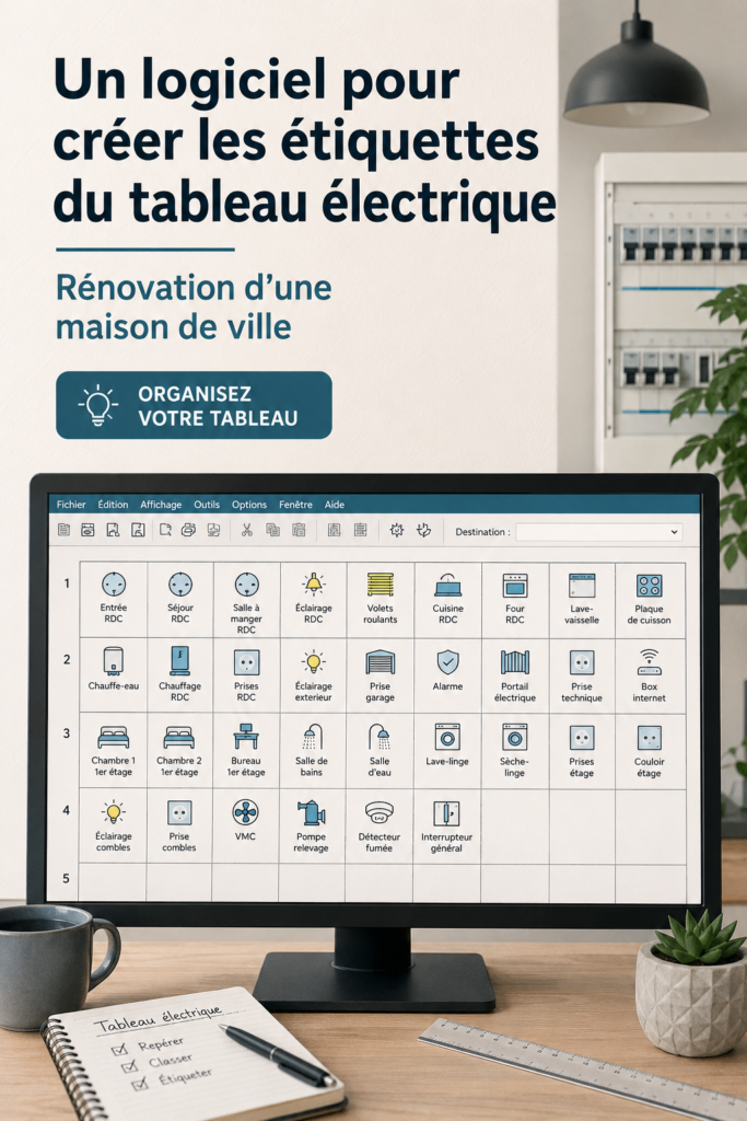 Étiquettes colorées sur un tableau électrique rénové, représentant une maison organisée et sécurisée.