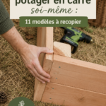 Un potager en carré bien organisé avec des légumes en pleine croissance.