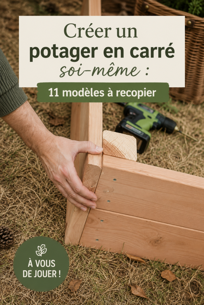 Un potager en carré bien organisé avec des légumes en pleine croissance.