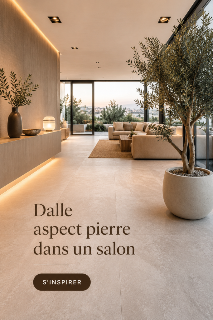 Salon moderne avec des dalles effet pierre au sol, créant une ambiance chaleureuse.