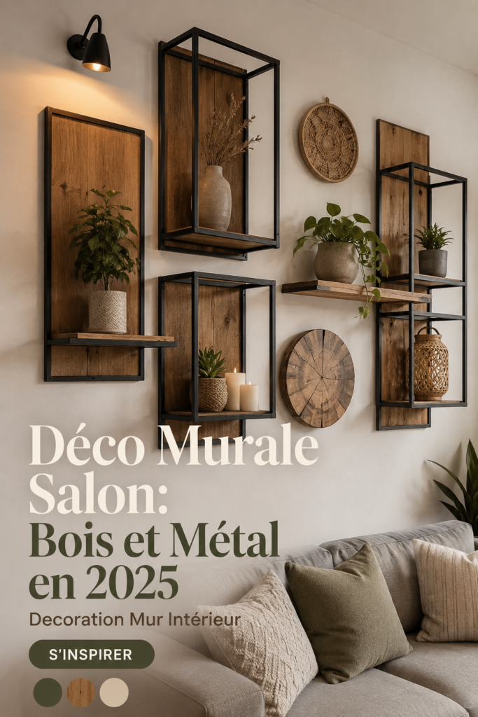 Déco murale en bois et métal apportant chaleur et modernité au salon.