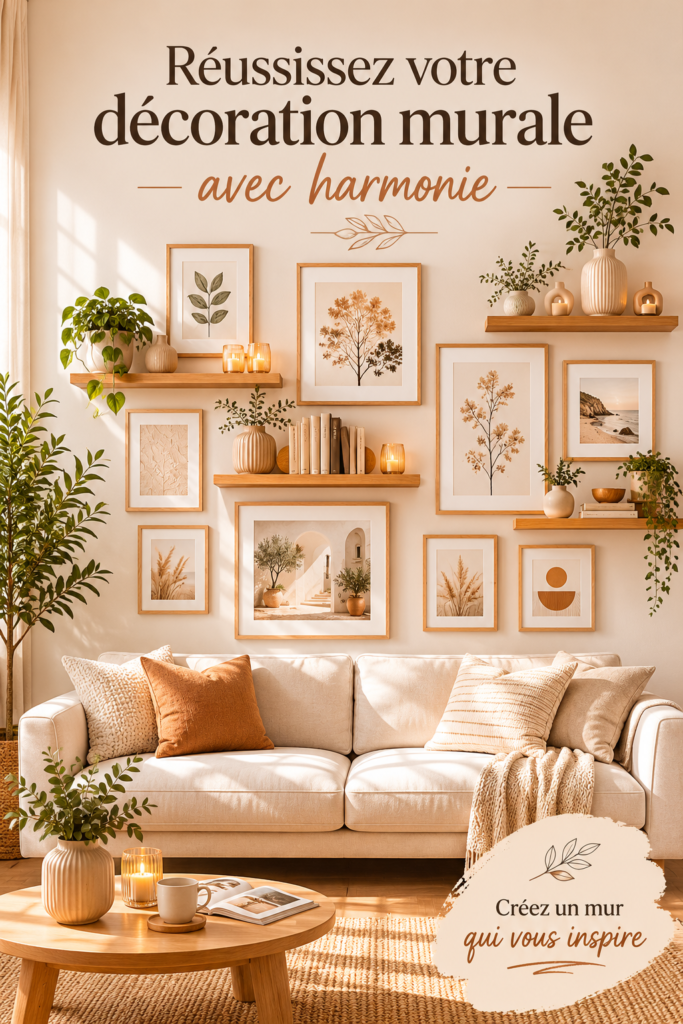 Décoration murale harmonieuse avec des couleurs douces et des éléments décoratifs variés