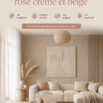 Salon cosy avec une décoration minimaliste rose et beige, intégrant des éléments d'art scandinave et wabi sabi.