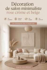 Salon cosy avec une décoration minimaliste rose et beige, intégrant des éléments d'art scandinave et wabi sabi.
