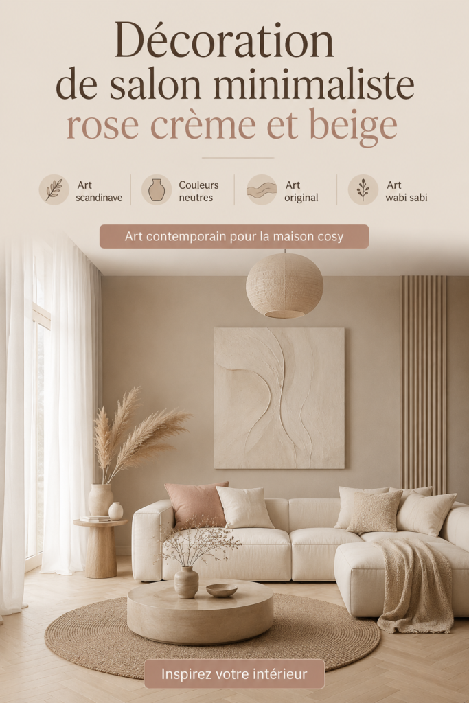 Salon cosy avec une décoration minimaliste rose et beige, intégrant des éléments d'art scandinave et wabi sabi.