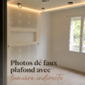 Un intérieur moderne avec un faux plafond lumineux offrant une ambiance chaleureuse.