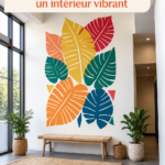 Fresque murale colorée et créative dans un salon moderne.