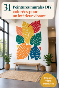 Fresque murale colorée et créative dans un salon moderne.