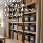 Aménagement pratique d'un sous-sol avec des étagères et un coin buanderie.