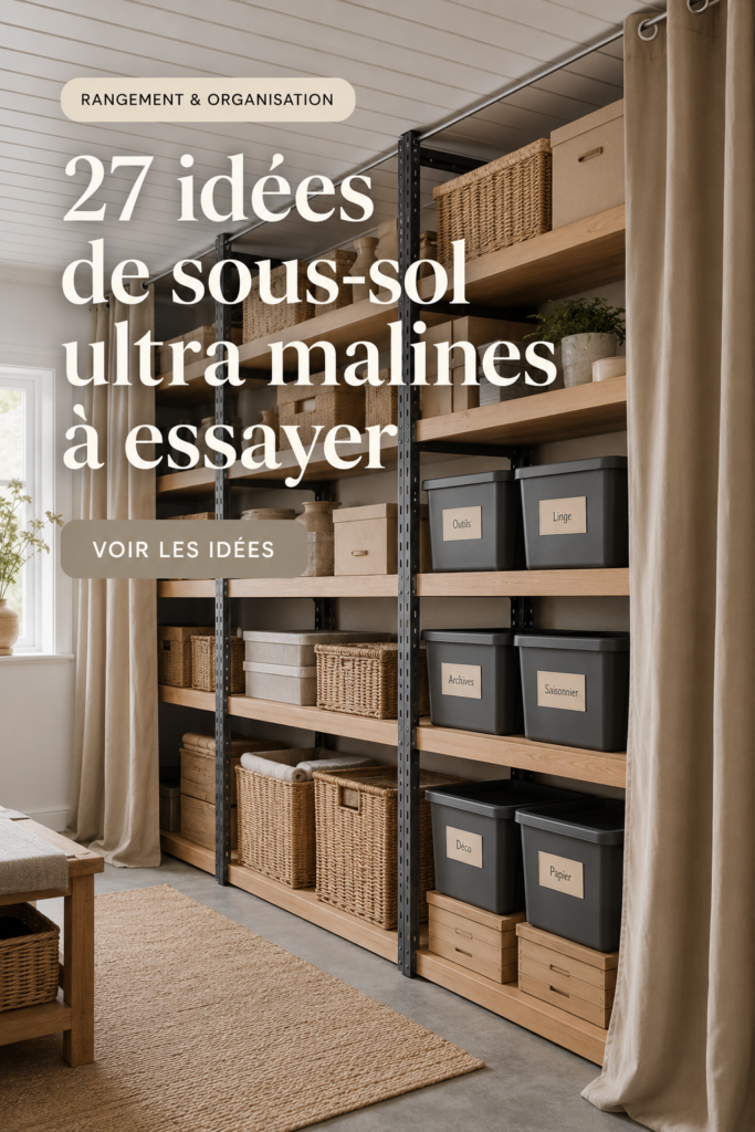 Aménagement pratique d'un sous-sol avec des étagères et un coin buanderie.