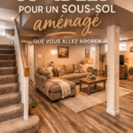 Un sous-sol décoré et accueillant avec un coin salon confortable.