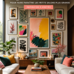 Un salon chic avec un mur galerie maximaliste décoré de plusieurs œuvres d'art colorées.