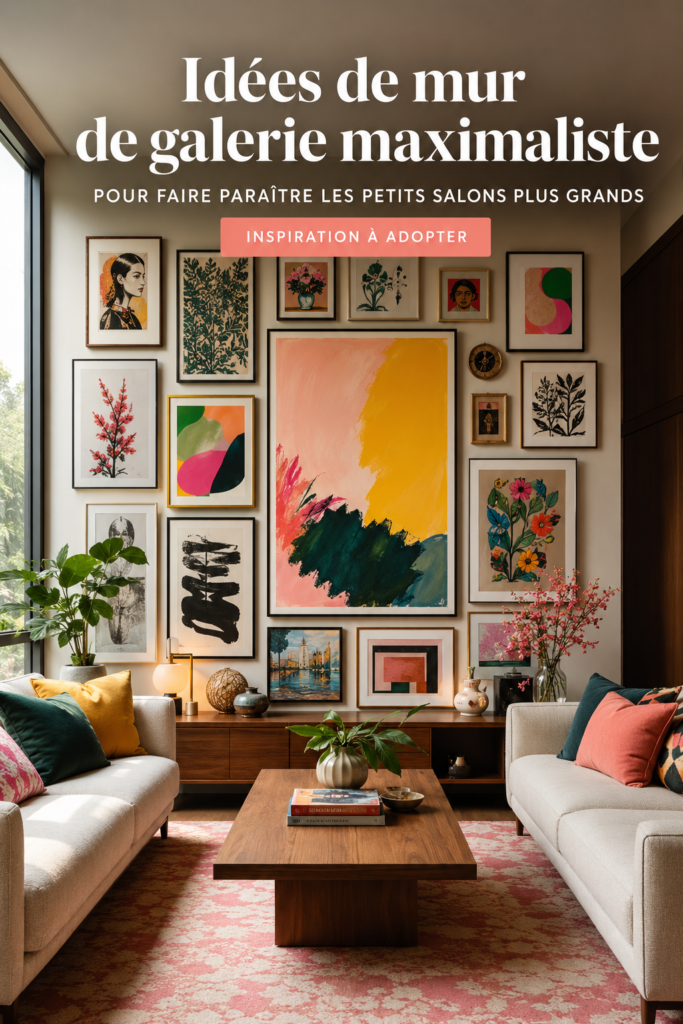 Un salon chic avec un mur galerie maximaliste décoré de plusieurs œuvres d'art colorées.