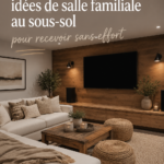 Salon de sous-sol chaleureux avec mobilier confortable