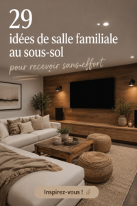 Salon de sous-sol chaleureux avec mobilier confortable