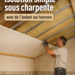 Isolation sous charpente avec un isolant en fourrure, matériaux et outils visibles