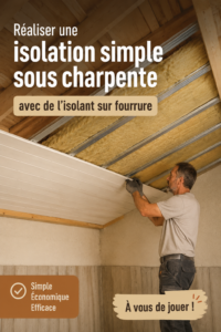 Isolation sous charpente avec un isolant en fourrure, matériaux et outils visibles
