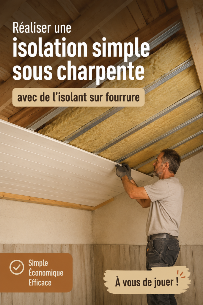 Isolation sous charpente avec un isolant en fourrure, matériaux et outils visibles