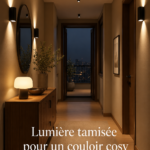 Un couloir lumineux avec un éclairage tamisé pour une ambiance cosy