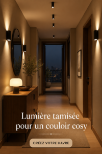Un couloir lumineux avec un éclairage tamisé pour une ambiance cosy