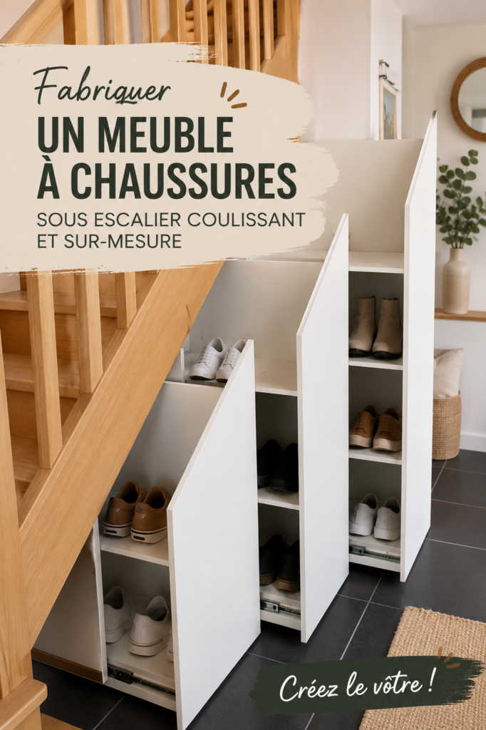 Meuble à chaussures moderne et sur-mesure sous un escalier en bois, intégrant design et fonctionnalité.