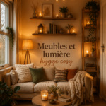 Intérieur cosy avec des meubles élégants et un éclairage doux, inspiré par le style hygge.
