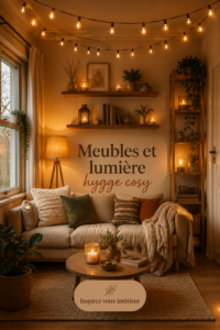 Intérieur cosy avec des meubles élégants et un éclairage doux, inspiré par le style hygge.