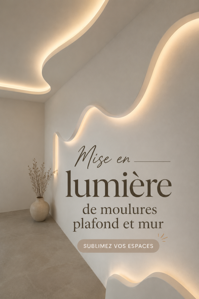 Moulures élégantes et éclairage chaleureux dans un salon moderne