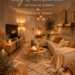 Un salon cosy avec un éclairage doré et des accessoires chaleureux, parfait pour une soirée de détente.