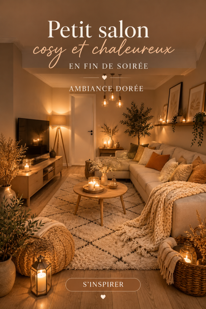 Un salon cosy avec un éclairage doré et des accessoires chaleureux, parfait pour une soirée de détente.