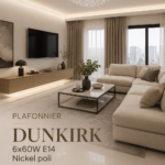Plafonnier DUNKIRK en nickel poli illuminant une pièce moderne
