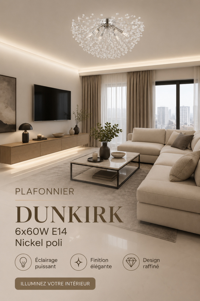 Plafonnier DUNKIRK en nickel poli illuminant une pièce moderne