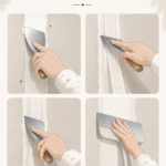 Femme appliquant des bandes pour placo sur un mur dans une pièce lumineuse