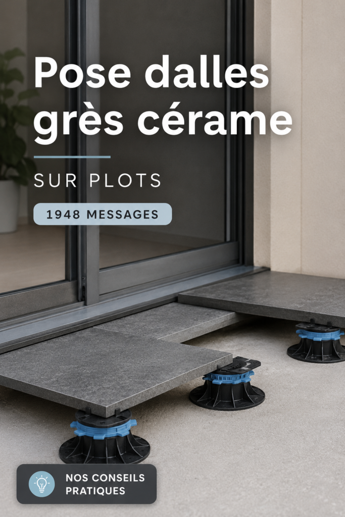 Installation de dalles en grès cérame sur plots dans un jardin fleuri