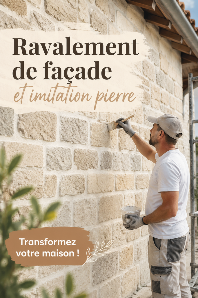 Façade de maison récemment rénovée avec un ravalement de style imitation pierre, affichant une belle esthétique.