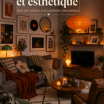 Un salon chaleureux et accueillant avec un mur de galerie et un éclairage doux.