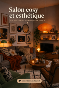 Un salon chaleureux et accueillant avec un mur de galerie et un éclairage doux.