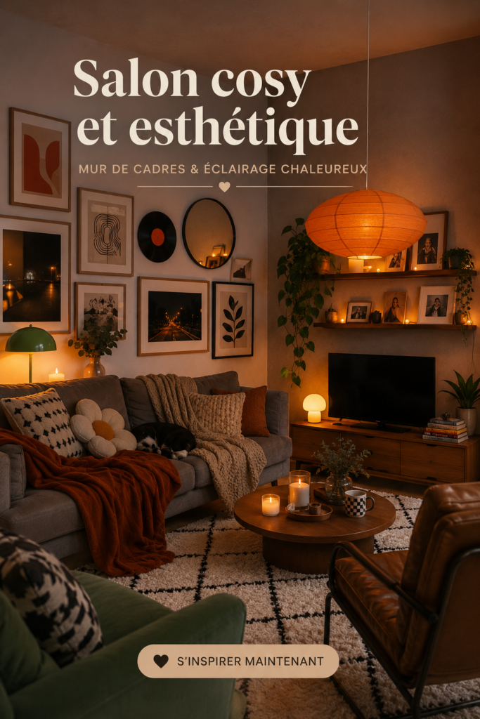 Un salon chaleureux et accueillant avec un mur de galerie et un éclairage doux.