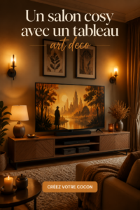 Salon cosy avec un tableau art déco sur le mur