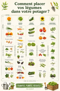 Un potager bien agencé avec des rangées de légumes variés.