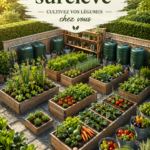 Potager surélevé en bois dans un jardin ensoleillé