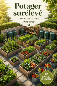 Potager surélevé en bois dans un jardin ensoleillé