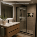 Salle de bain moderne sans fenêtre avec éclairage doux.
