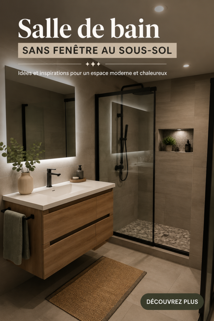 Salle de bain moderne sans fenêtre avec éclairage doux.