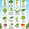 Calendrier des semis pour légumes de potager avec des illustrations colorées.